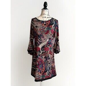 MSK Petite Womens Multicolor Mini Dress Paisley Bell Sleeve Large Hippie Boho
